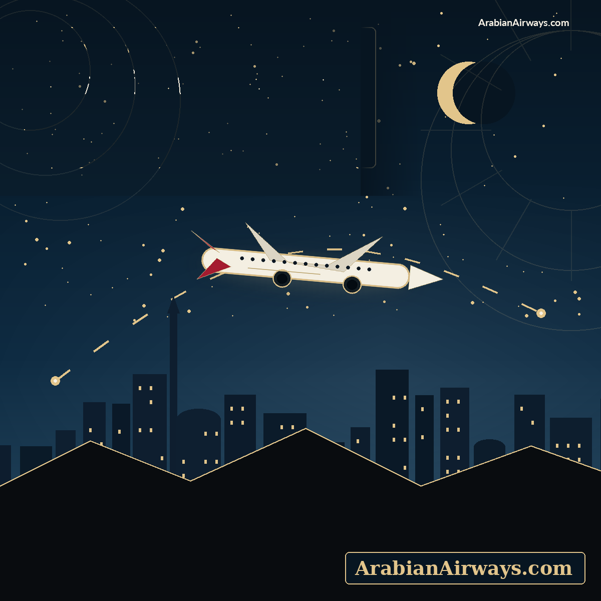 Arabian Airways animated airplane over an Arabian night skyline, watermarked ArabianAirways.com